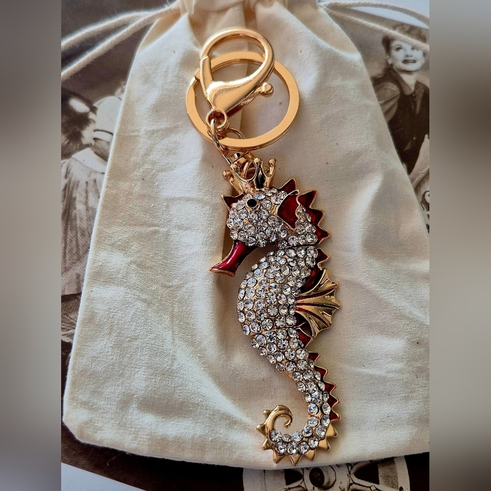 Gold And Red Seahorse Keychain with Crystals Brand New